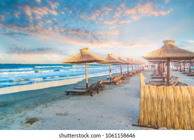 Beach With Chairs And Umbrella In Mamaia Holiday Resort, Black Sea Coast, Romania.