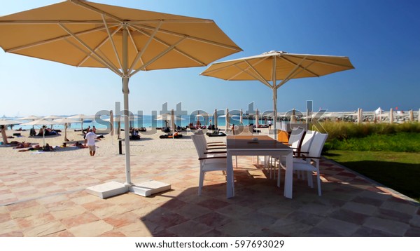 Beach Chairs Umbrella On Dubai United Stock Photo Edit Now 597693029