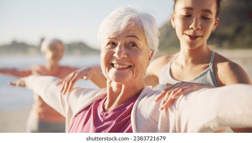 Beach class, teacher and old woman doing yoga exercise, outdoor wellness and relax workout in nature. Instructor, elderly face and happy person learning pose, training and yogi coach teaching pilates - Powered by Shutterstock