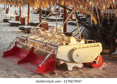 Beach Cleaning Machine. Tractor Cleaning Sea Beach At Dawn. Sandy Beach Cleanup. Beach Service. Close Up.