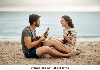 Beach, couple and happy with guitar for love with music, romance and bonding as lovers. Outdoor, people and smile in relationship on date as musicians, artists and creative in ocean for care or trust - Powered by Shutterstock