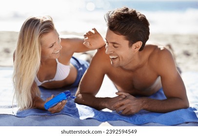 Beach couple, smile and apply sunscreen for face care hydration, wellness or skincare UV protection on tropical island. Sun cream application for boyfriend skin safety, solar security or SPF sunblock - Powered by Shutterstock