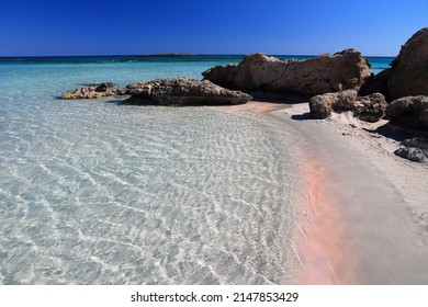 Beach Of Crete Greek Island. Pink Sandy Beach In Famous Elafonisi (or Elafonissi).