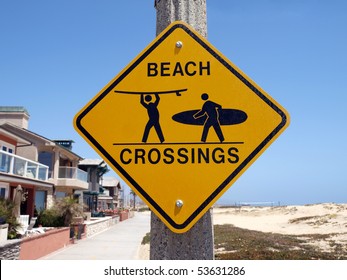 Beach Crossing Warning Sign Along A Busy Southern California Bike Route.