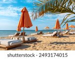 Beach deckchairs with umbrellas on Sunny Beach. Bulgaria