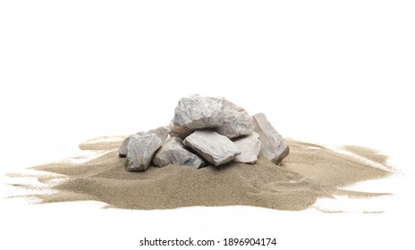 Beach, Desert Sand Pile With Rocks Isolated On White Background