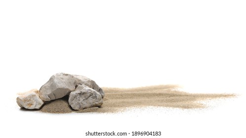 Beach, Desert Sand Pile With Rocks Isolated On White Background