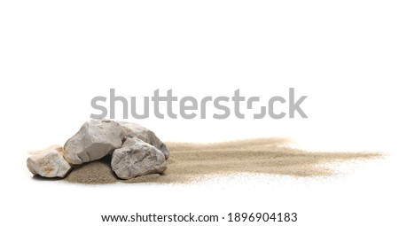 Beach, desert sand pile with rocks isolated on white background