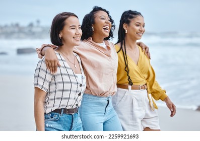 Beach, diversity and friends, hug and walk while laughing, relax and talking against nature background. Travel, women and group embrace while walking at the sea, happy and smile on ocean trip in Bali - Powered by Shutterstock