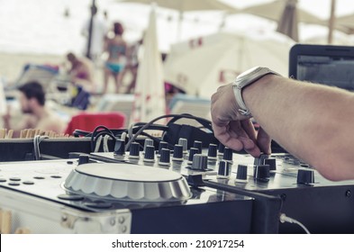 Beach Dj Close-up. Summer Beach Club Dj Makes Party Fun For Visitors Sunbathing, VINTAGE