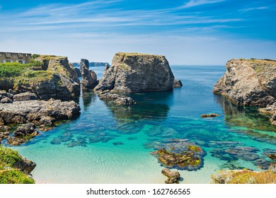 Beach With Emerald Water In The Coast Of Island Belle Ile En Mer, France