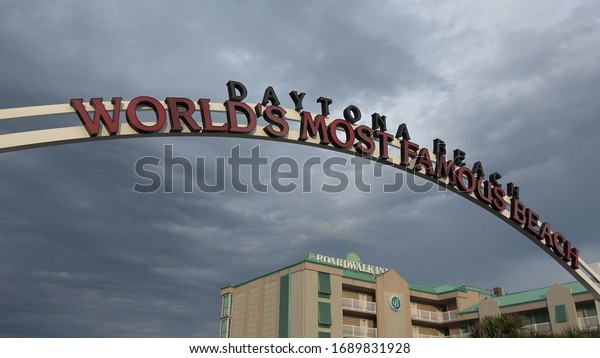 Beach Entrance sign to the\
worlds most famous beach - DAYTONA BEACH, FLORIDA - APRIL 14,\
2016