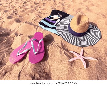 Beach Essentials: Pink Flip Flops, Straw Hat, Tote Bag, and Starfish on Sandy Beach. - Powered by Shutterstock - Get 15% off with code: PIKWIZARD15