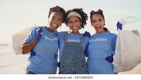 Beach, face and excited women with plastic bag for earth day, sustainability or ocean cleaning project. Recycle, sustainability or volunteer friends portrait at sea for NGO, accountability or charity - Powered by Shutterstock