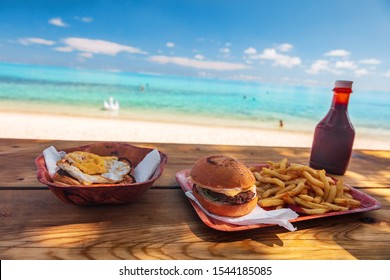 Beach Fast Food Restaurant Shake Shack Bar View Of Burger And French Fries On Table With View Of Ocean In Bora Bora, Tahiti. Polynesia Island Travel.