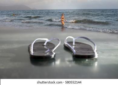 Beach. flip-flops. Girl.