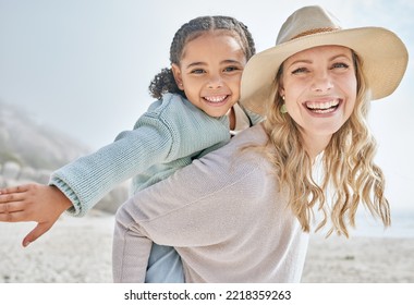 Beach, Foster And Portrait With Piggy Back Bonding With Black Child On California Holiday. Adoption, Vacation And Love In Interracial Family With Happy Smile Of Kid And Mom At The Ocean.