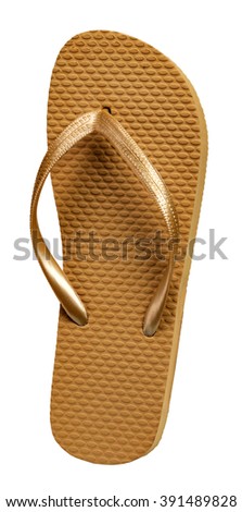 Beach golden flip-flops / object photography in a studio of women's beach shoes - isolated on white background