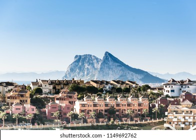 Beach And Golf Field In La Alcaidesa, Costa Del Sol, Spain With Gibraltar In The Horizon