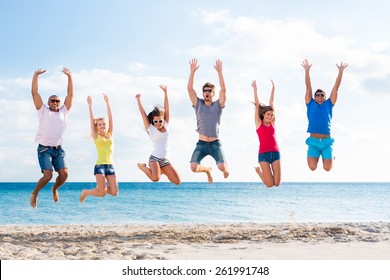 Beach, Group, Jumping.