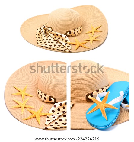 Beach hat, flip flops and starfish isolated on white. Collage