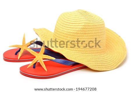 Beach hat, red flip flops with starfishes