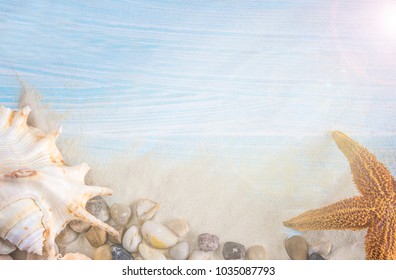 Beach holiday concept: various of seashells, strarfish, pebbles on white sand and ligth blue background on sunshine - Powered by Shutterstock