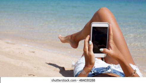 Beach Holiday Woman Taking Video With Smart Phone. Summer Vacation.