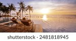 beach holidays for couple in luxury hotel, banner background with copyspace, man and woman relaxing near swimming pool at sunset