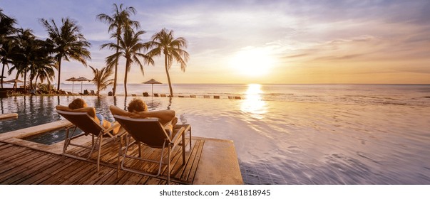 beach holidays for couple in luxury hotel, banner background with copyspace, man and woman relaxing near swimming pool at sunset - Powered by Shutterstock