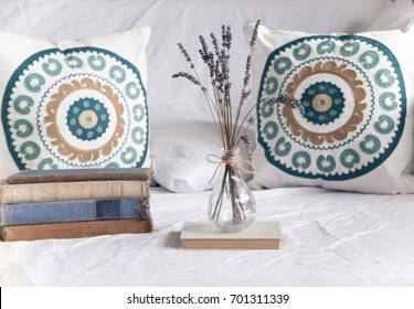 Beach Home Decor With Boho Cushions, Vase With Lavender Flowers And Old Books. Cottage Style Interior Decoration.