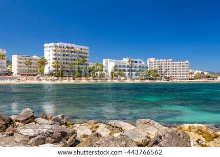 Beach and hotels of touristic town Cala Millor. Majorca, Balearic Islands, Spain Zdjęcia stock © 