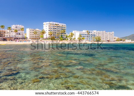 Beach and hotels of touristic town Cala Millor. Majorca, Balearic Islands, Spain Zdjęcia stock © 