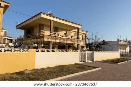 Beach House Vacation. Real Estate Penthouse apartments on Coast. Resort housing at sea beach. Vacation accommodation home on Beachfront. House on first coastline. oceanfront holiday at Spain seaside. 