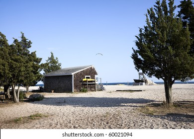 The Beach Hut At Orient Beach State Park. Several Rare Red Cedar Trees Are Pictured . Orient Point, Long Island, New York.