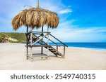 A beach hut with a straw roof sits on the beach. The hut is empty and the beach is calm