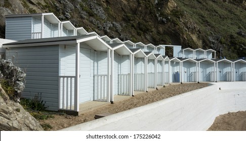 Beach huts at Lusty Glaze Beach, Newquay, Cornwall, UK. - Shutterstock ID 175226042