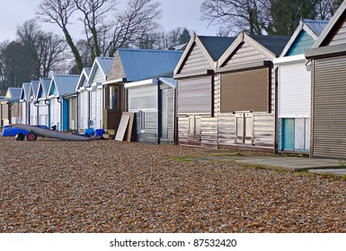 Beach Huts For Maintenance During Winter Months At Calshot, Hampshire UK