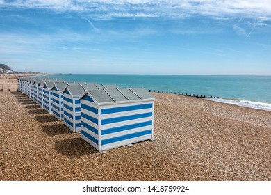 Beach Huts On Hastings Beach In Sussex England