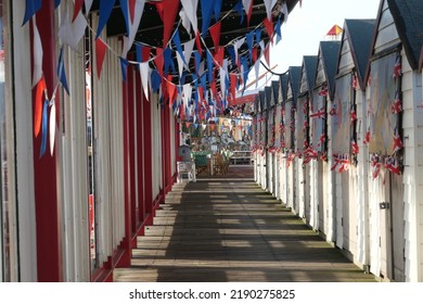 Beach Huts On A Pier British Seaside Promenade U.K. Kent Herne Bay
