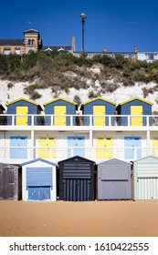 Beach huts at seaside location of Viking Bay, Broadstairs, Kent, UK, 3 July 2019. 