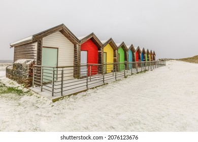 Beach Huts In Winter On The Northumberland Coastline