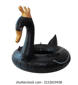 Beach Inflatable Swan. Pool Black And Gold  Inflatable Swan For Summer Beach Isolated On White Background. Trendy Summer Concept.