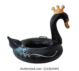 Beach Inflatable Swan. Pool Black And Gold  Inflatable Swan For Summer Beach Isolated On White Background. Trendy Summer Concept.