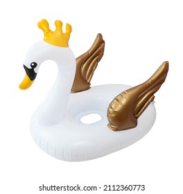 Beach Inflatable Swan. Pool White And Gold  Inflatable Swan For Summer Beach Isolated On White Background. Trendy Summer Concept.