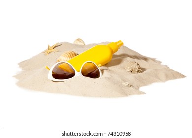 Beach Items On A Sunny Pile Of Sand