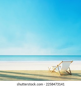 Beach lounge chair on white beach sunset sea view - 3D rendering  - Shutterstock ID 2258473141