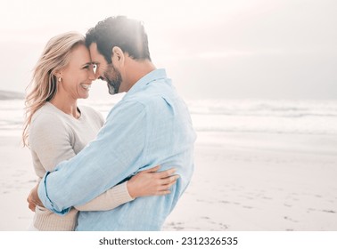 Beach, love and couple touching forehead on holiday, vacation and weekend for anniversary. Mockup space, marriage and happy mature man hugging woman for bonding, quality time and happiness by ocean - Powered by Shutterstock