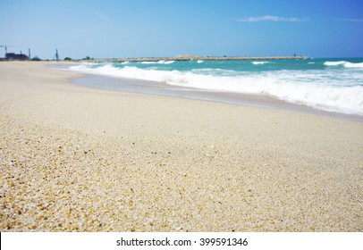 The Beach. Low Angle View. Close Up On Sand. 