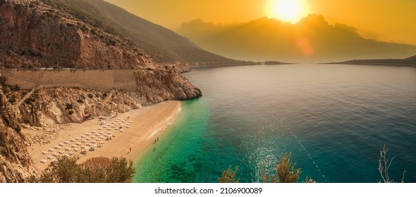 Kaputaş Beach with morning sun in autumn. Kaputaş beach is on the Mediterranean coast of Turkey. It is one of the most popular beaches in Turkey. Kas town, Antalya  - Shutterstock ID 2106900089